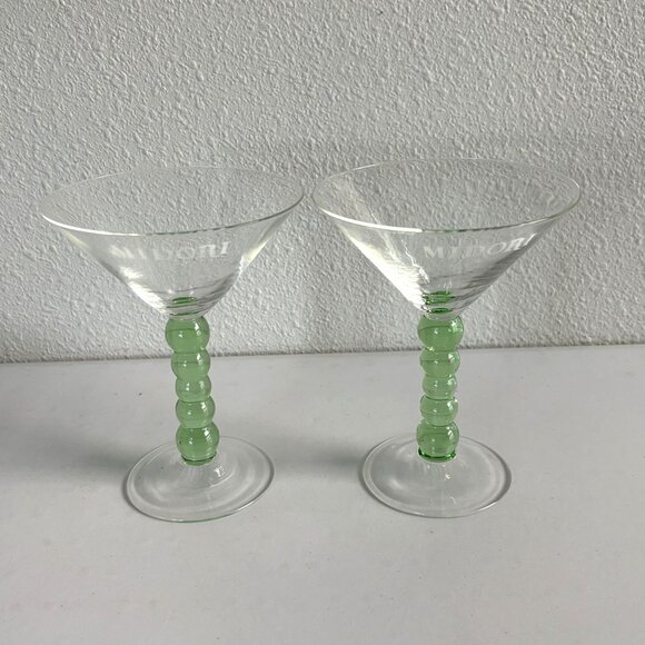 Midori Martini Glass Set of 2 Glasses Green Bubble Stem Melonball Logo - Picture 8 of 8